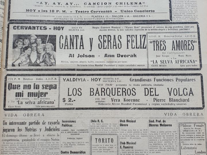 Miércoles 18 de noviembre de 1936: A las 18 horas estaba programado "Los Cosacos del Don", un espectáculo musical que ya se había presentado en el Teatro Colón de Buenos Aires (Argentina) y en el Municipal de Santiago.