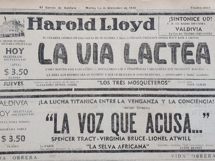 Martes 10 de diciembre de 1936: Uno de los más grandes comediantes de todos los tiempos llegaba a la pantalla grande del Teatro Cervantes: Harold Lloyd y su filme "La vía láctea". Tiempos donde el cine mudo ya estaba siendo desplazado por el sonoro.